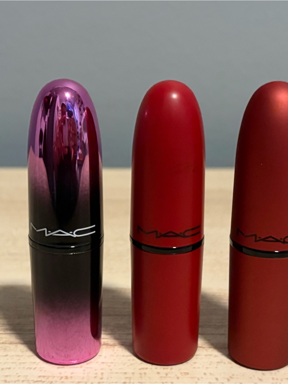 MAC Cosmetics Lipstick Trio — Metallic Purple, Classic Red, Deep Red